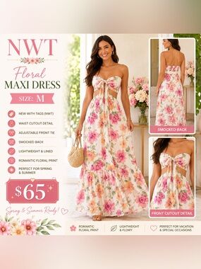 Romantic Pink Floral Maxi Dress with Front Tie